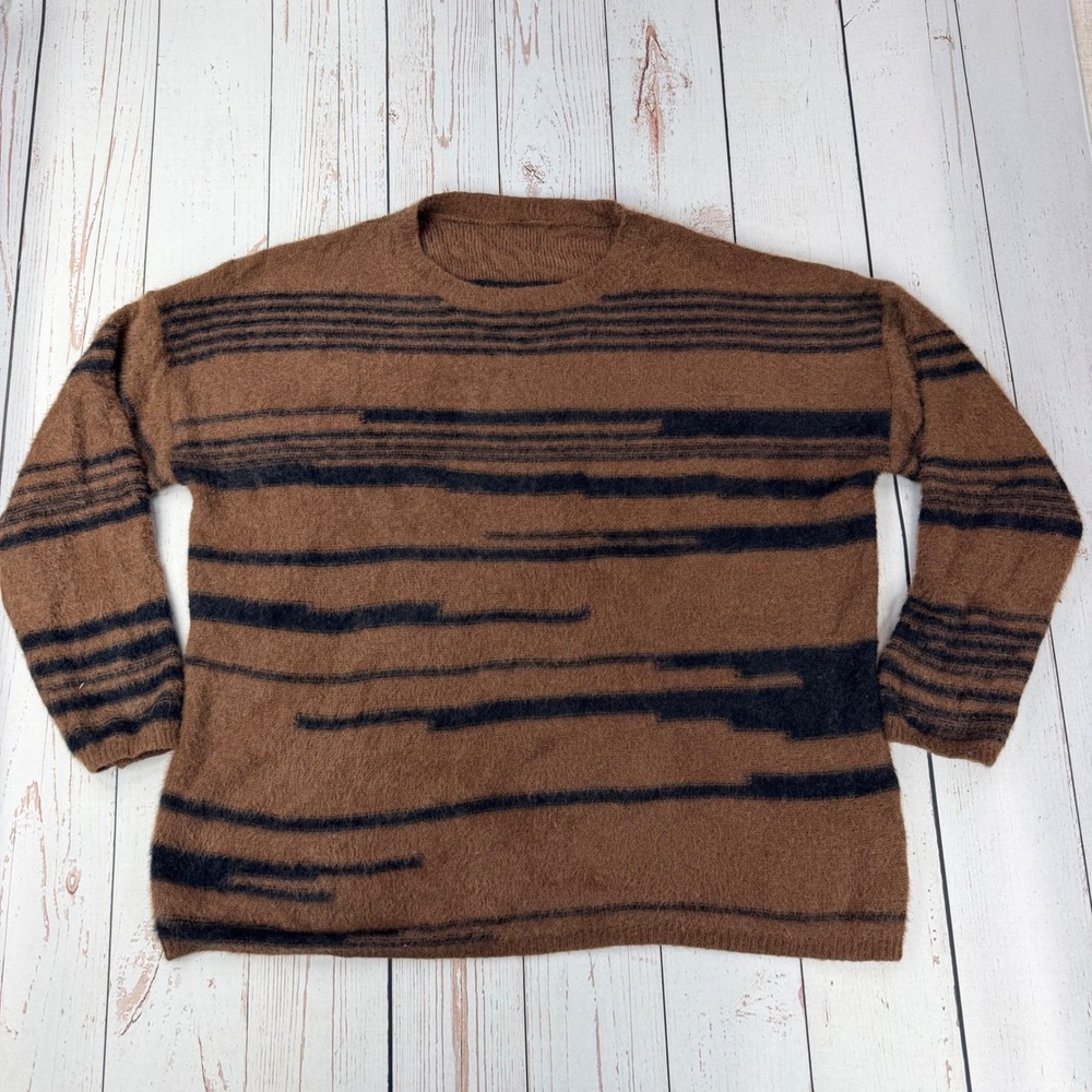 Unbranded Brown Black Abstract Stripe Wool Blend Fuzzy Knit Sweater Mens XL